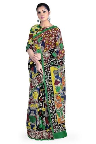 Multicoloured Florid Vishnu Hand-Painted Chennur Silk Kalamkari Saree