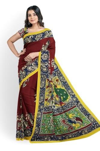 Multicoloured Hand-Painted Chennur Silk Kalamkari Saree
