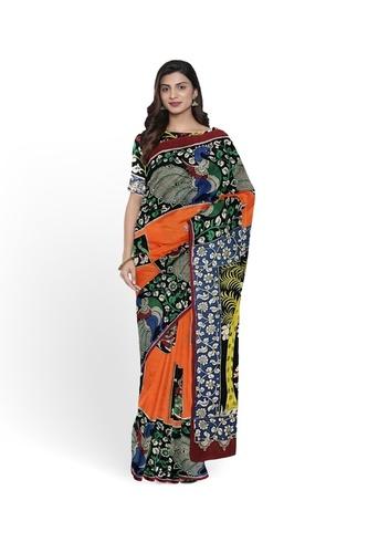 Multicoloured Oriental  Bird Hand-Painted Chennur Silk Kalamkari Saree