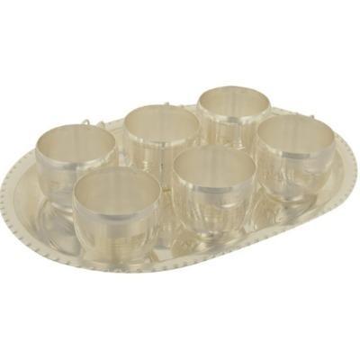 Arya Silver Plated Silver Coated Traditional Tea Cups with Tray Set for Kitchen