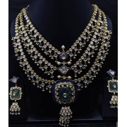 3 Line Long Polki Necklace Set