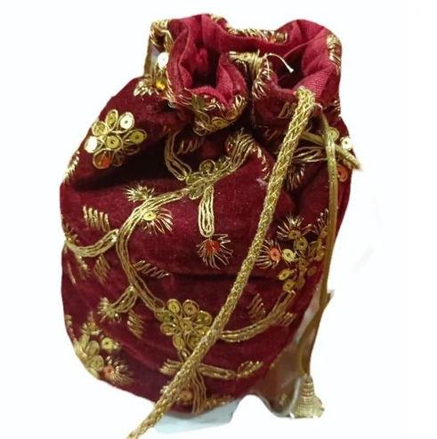 Ladies Maroon Hand Embroidered Cotton Potli Bag 