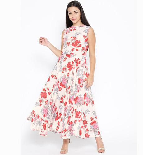 Full Length Round Neck Printed Maxi Dress for Women