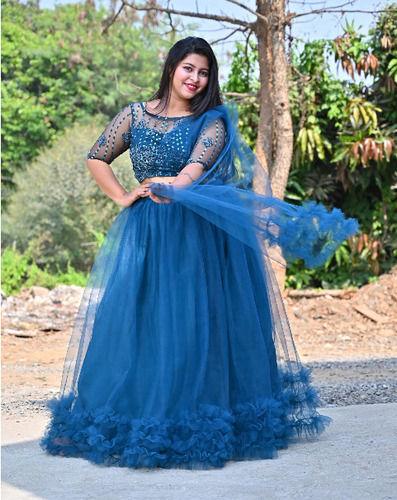 Embroidered Net fully Stitched Designer Lehengas With Joint Dupptta (Teal Blue)