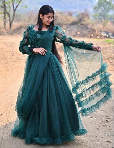 Embroidered Net Fully Stitched Designer Lehenga With Joint Dupptta (Bottal Green)