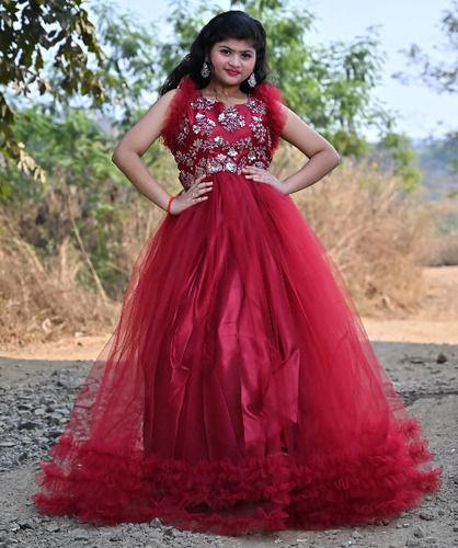 Embroidered Net fully Stitched Designer Gown with frills (Maroon)
