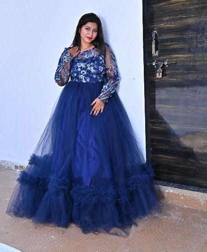 Embroidered Net fully Stitched Designer Gown With Frills (Navy Blue)