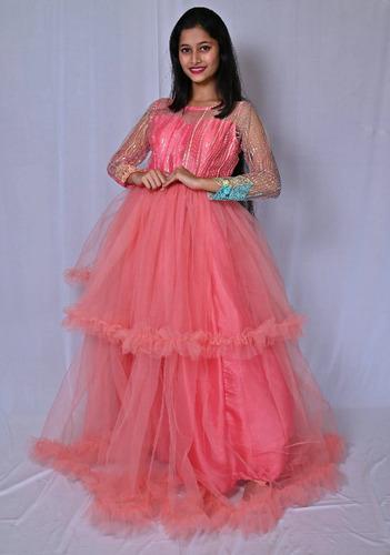 Embroidered Net Fully Stitched Designer Gown (Dark Peach)