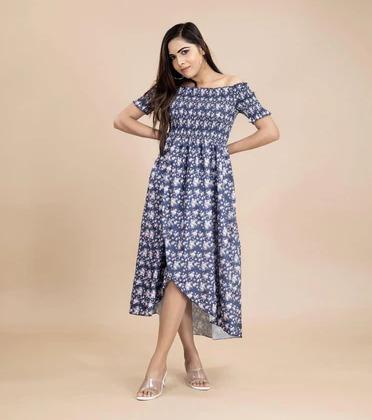 MIDNIGHT BLUE OFF SHOULDER FLORAL DRESS