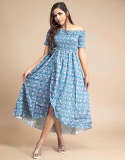 SKY BLUE OFF SHOULDER FLORAL DRESS