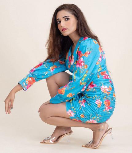 BLUE RUCHED FLORAL BODYCON DRESS