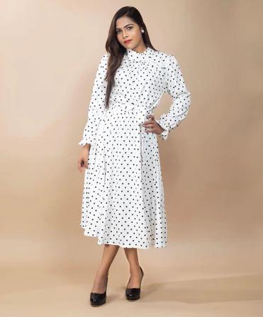 WHITE POLKA DOT MIDI DRESS
