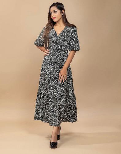 BLACK FLORAL WRAP TIE DRESS