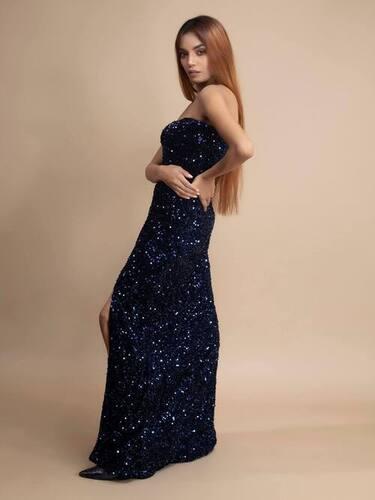 ELEGANT BLUE OFF-SHOULDER VELVET SEQUIN DRESS