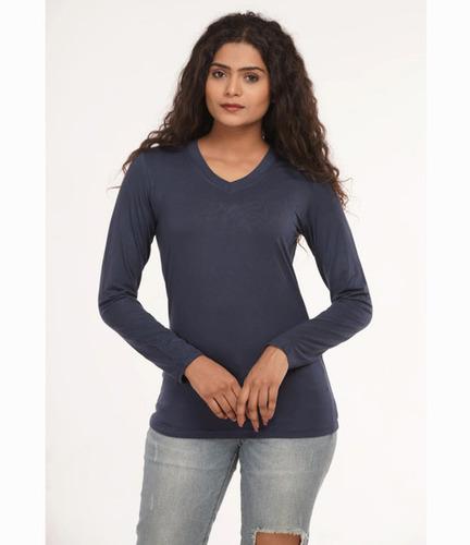 Ladies Navy Blue Bamboo Full Sleeves V Neck T Shirt
