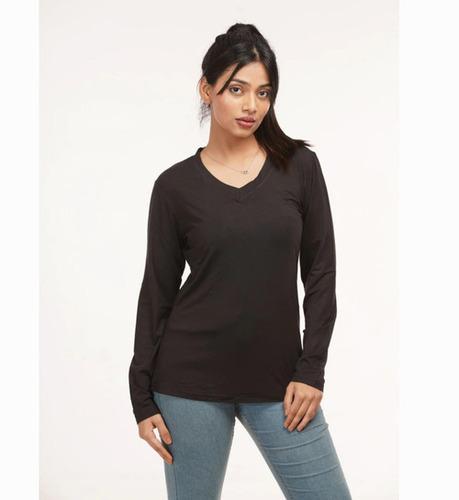 Ladies Black Bamboo Full Sleeves V Neck T Shirt