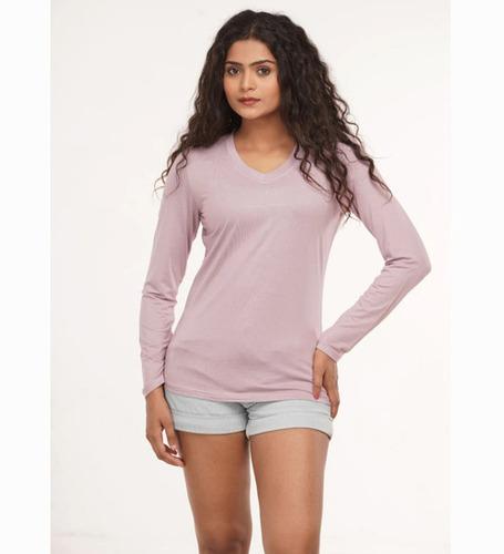 Ladies Baby Pink Full Sleeves V Neck T Shirt