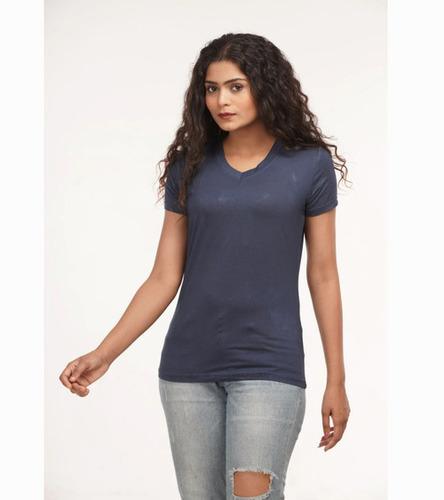 Ladies Navy Blue Bamboo Half Sleeves V Neck T Shirt