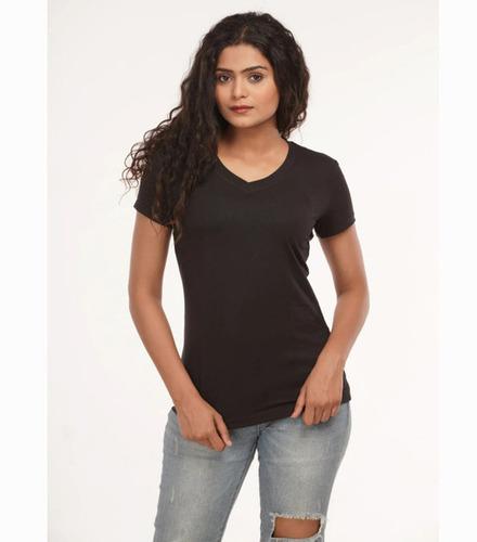 Ladies Navy Black Half Sleeves V Neck T Shirt