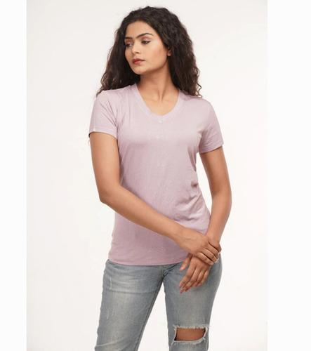 Ladies Baby Pink Bamboo Half Sleeves V Neck T Shirt