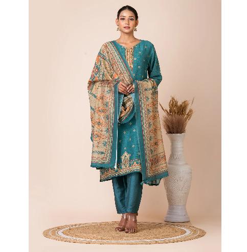 Teal Linen Kurta Set with Handwork by Sarso