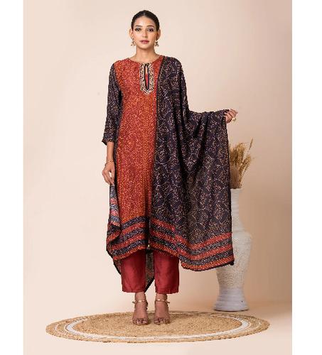Luxurious Maroon and Black Bandhani Print Kurta Set by Sarso