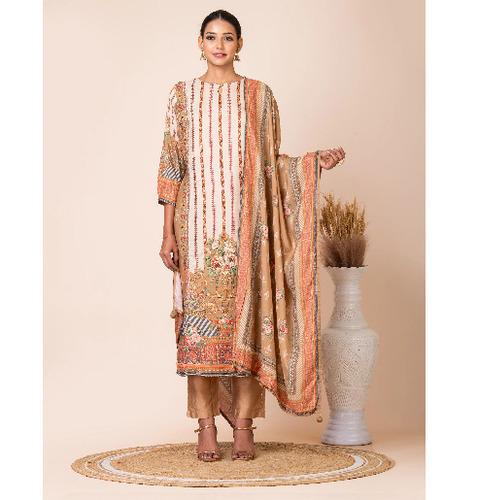 Beige and Peach Panel Style Pakistani Print Kurta Set