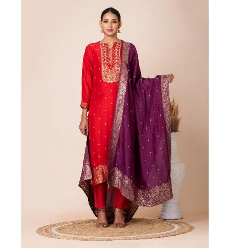 Red and Purple Banarasi Jacquard Kurta Set
