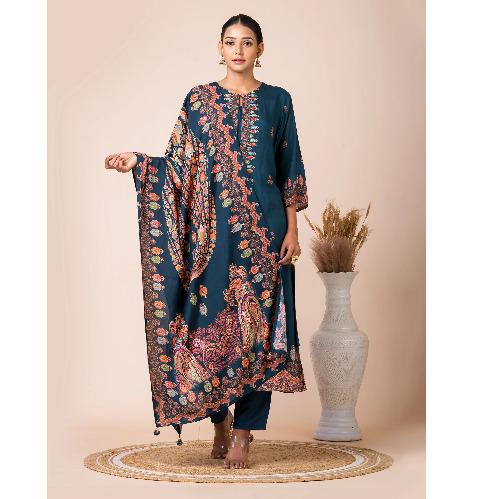 Enchanting Teal Pakistani Print Kurta Set with Stone Work