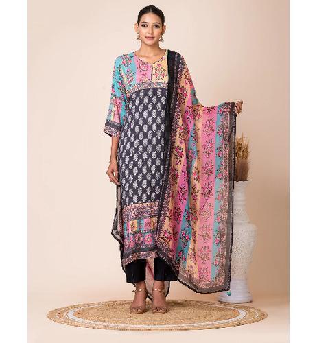 Charming Multicolor Patch Print Kurta Set with Organza Dupatta