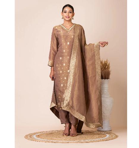 Golden Tissue Jacquard Kurta Set with Exquisite Handwork