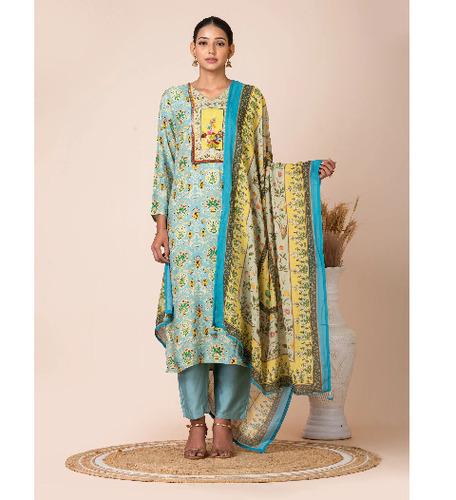 Blue Floral Kurta Set with Kantha and French Knot Handwork