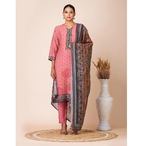 Sarso Coral Printed Bemberg Linen Kurta Set with Artistic Dupatta