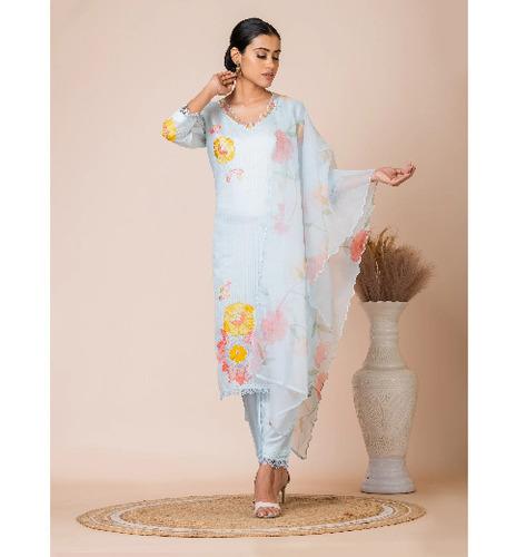 Sarso Light Blue Floral Applique Dola Silk Kurta Set with Organza Dupatta