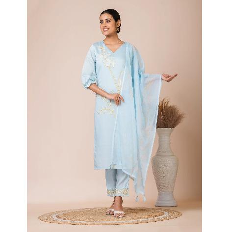 Sarso Serene Blue Embroidered Dola Silk Kurta Set with Organza Dupatta