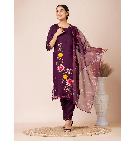Sarso Elegant Plum Embroidered Dola Silk Kurta Set with Organza Dupatta