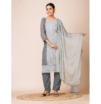 Sarso Elegant Grey Ombre Lucknowi Embroidered Georgette Suit