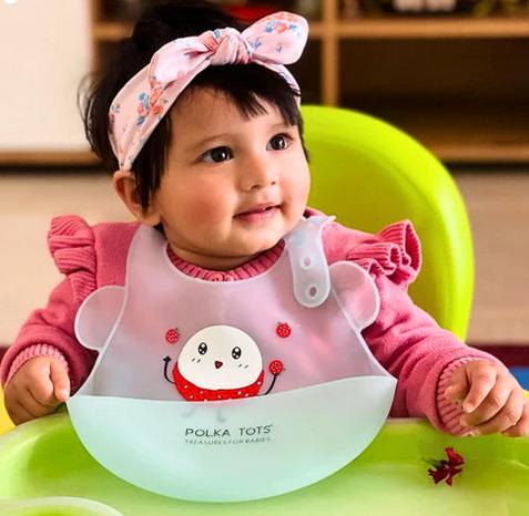 Polka Tots Waterproof Silicone Bibs with Pocket and Adjustable Snaps