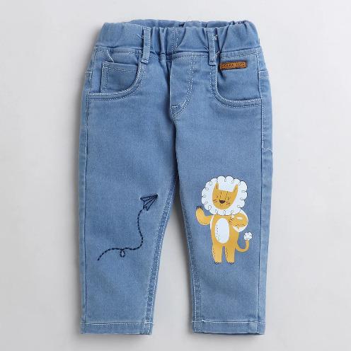 Polka Tots Denim Jeans with lion print arrow embroidery