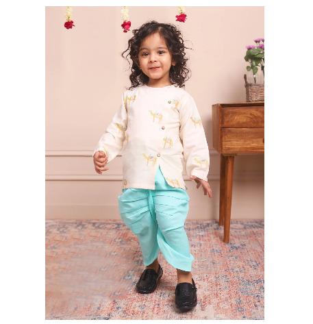 Polka Tots Full Sleeve Camel Embroidery Angrakha Top With Dhoti