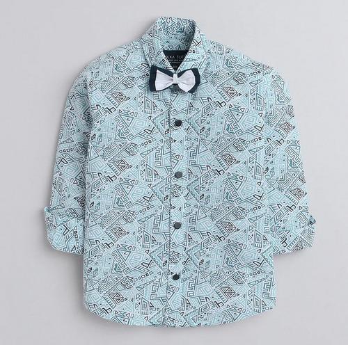 Polka Tots Cotton Regular Fit Full Sleeve Zig Zag Print Dual Bow Tie Shirt