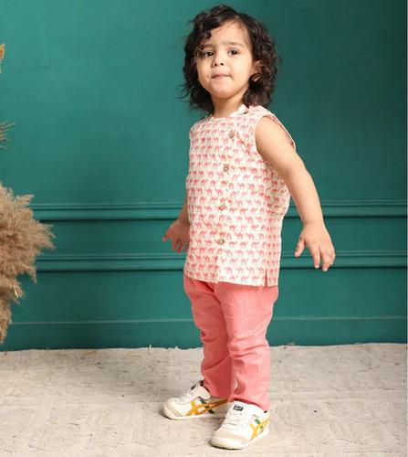 Polka Tots Camel Print Sleeveless Jhabla and Pant Set