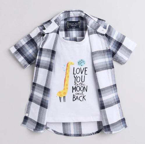 Polka Tots Half Sleeve Checks Shirt Attached T shirt Love You To Moon Print