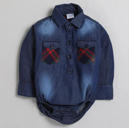 Polka Tots Full Sleeve Denim Shirt Romper- Dual Red Checks Pocket