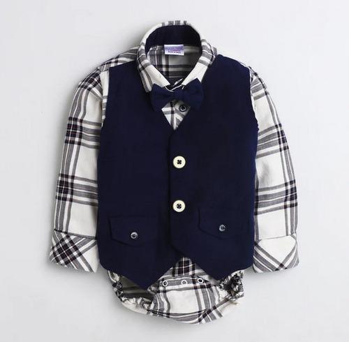 Polka Tots Full Sleeve Onesie with Waistcoat and Bow tie Blue