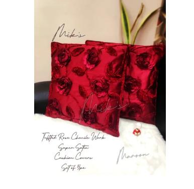 SATIN ROSE TUFFED CHENNILE WORK CUSHION COVERS 5PC SET