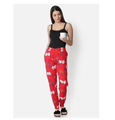 Lounge Pant for Women-Red Floral Print Smocking