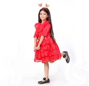 Itsmycostume Net Casual Knee Length Cute Frill Fairy Red Frock