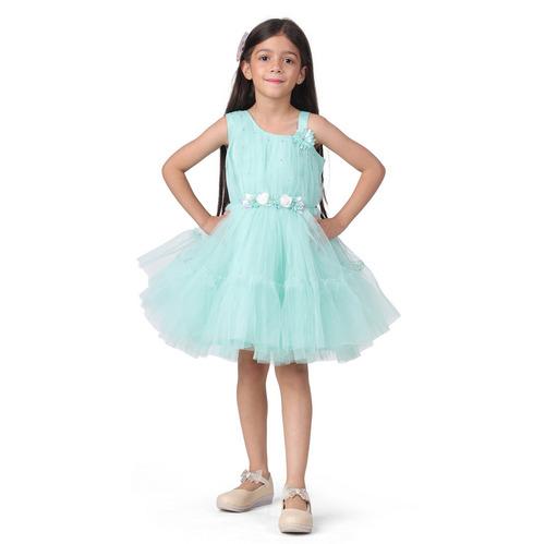  Itsmycostume Net Casual Knee Length Cute Frill Green Frock Dress for Girls Kids