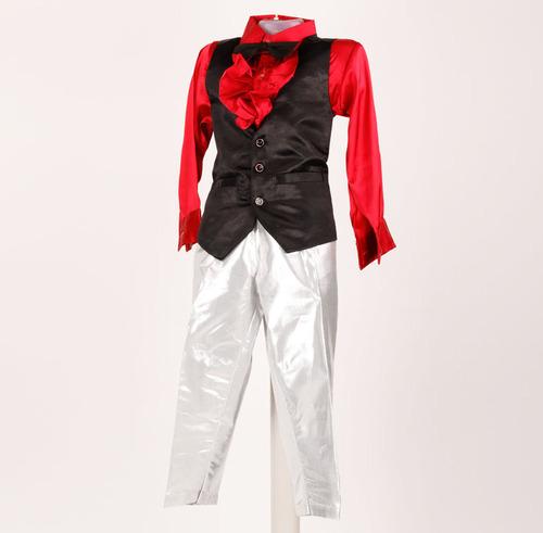 Partywear Dress For Boy - Silver Pant & Red Shirt With Black Waistcoat